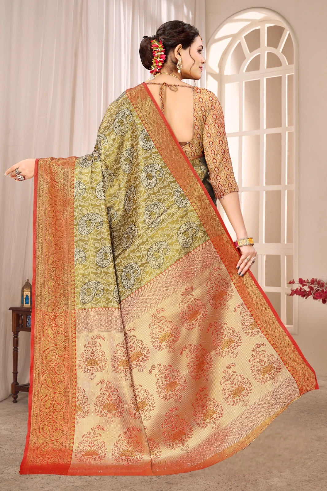 Golden Beige Soft Banarasi Silk Saree Kalyanja Fashion